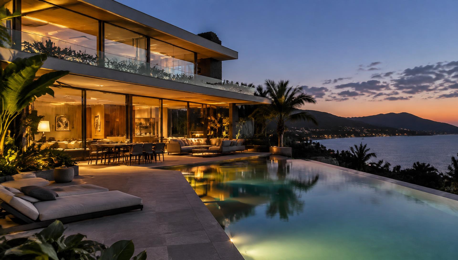 Casa contemporânea de alto padrão com piscina e vista para o mar ao entardecer